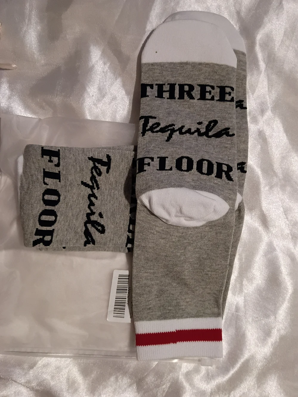 New Grey Knee-High Socks with Red Stripe and Script Text